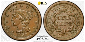 image for: 1857 Braided Hair Cent. N-1. Rarity-1. Large Date. AU-50 (PCGS).