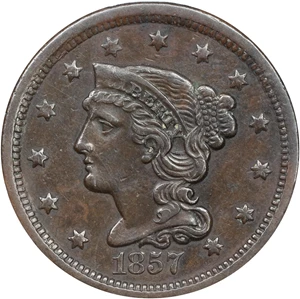 image for: 1857 Braided Hair Cent. N-2. Rarity-1. Small Date. AU-50 (PCGS).