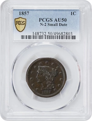 image for: 1857 Braided Hair Cent. N-2. Rarity-1. Small Date. AU-50 (PCGS).