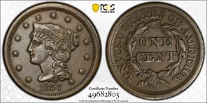 image for: 1857 Braided Hair Cent. N-2. Rarity-1. Small Date. AU-50 (PCGS).