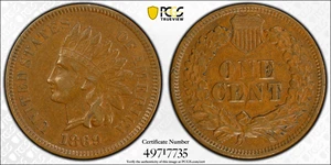 image for: 1869/69 Indian Cent. Snow-4, FS-303. Repunched Date. EF-40 (PCGS).