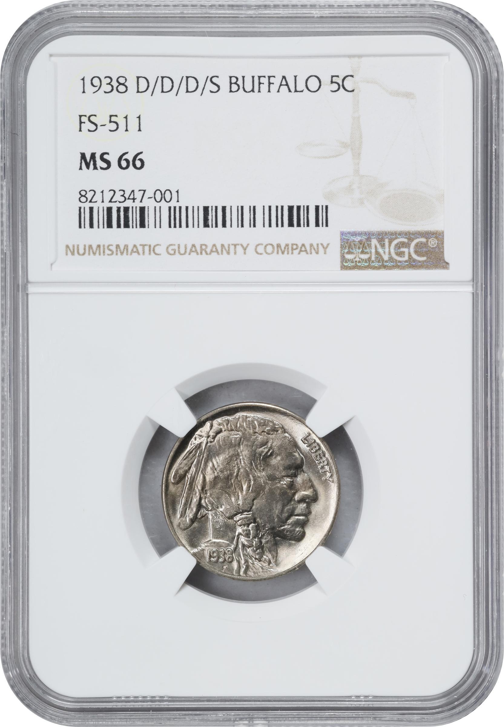 image for: 1938-D/S Buffalo Nickel. FS-511, OMM-1. MS-66 (NGC).