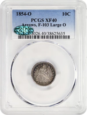 image for: 1854-O Liberty Seated Dime. Arrows. Fortin-103. Rarity-5. Large O. EF-40 (PCGS). CAC.