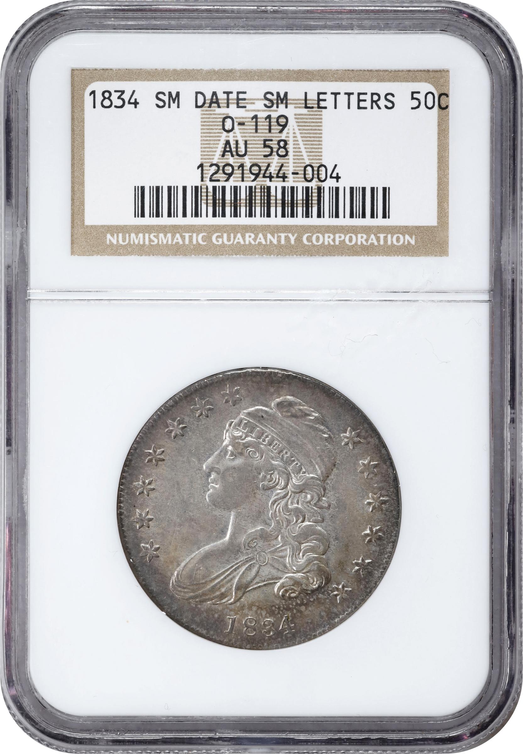 image for: 1834 Capped Bust Half Dollar. O-119. Rarity-4. Small Date, Small Letters. AU-58 (NGC).