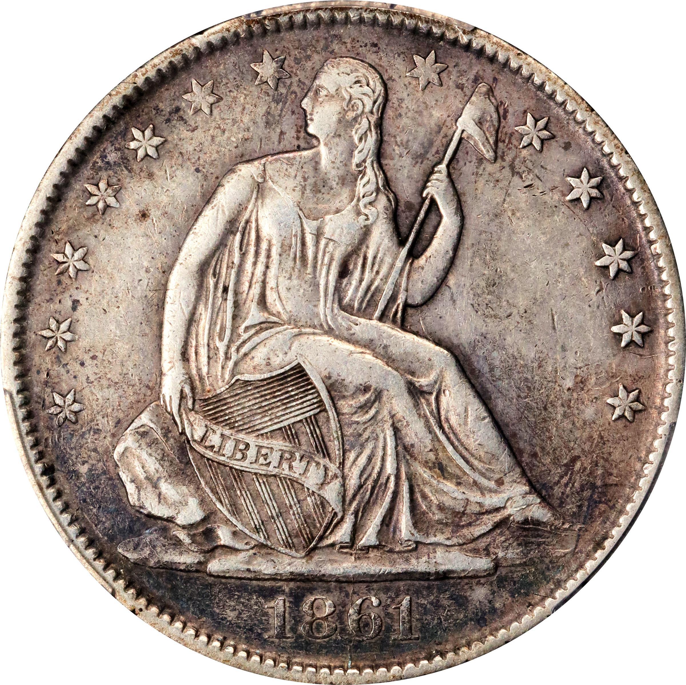 image for: 1861-O Liberty Seated Half Dollar. Confederate States Issue. W-14. Rarity-4. Die Crack Bisected Date, Speared Olive Bud. VF Details--Cleaned (PCGS).