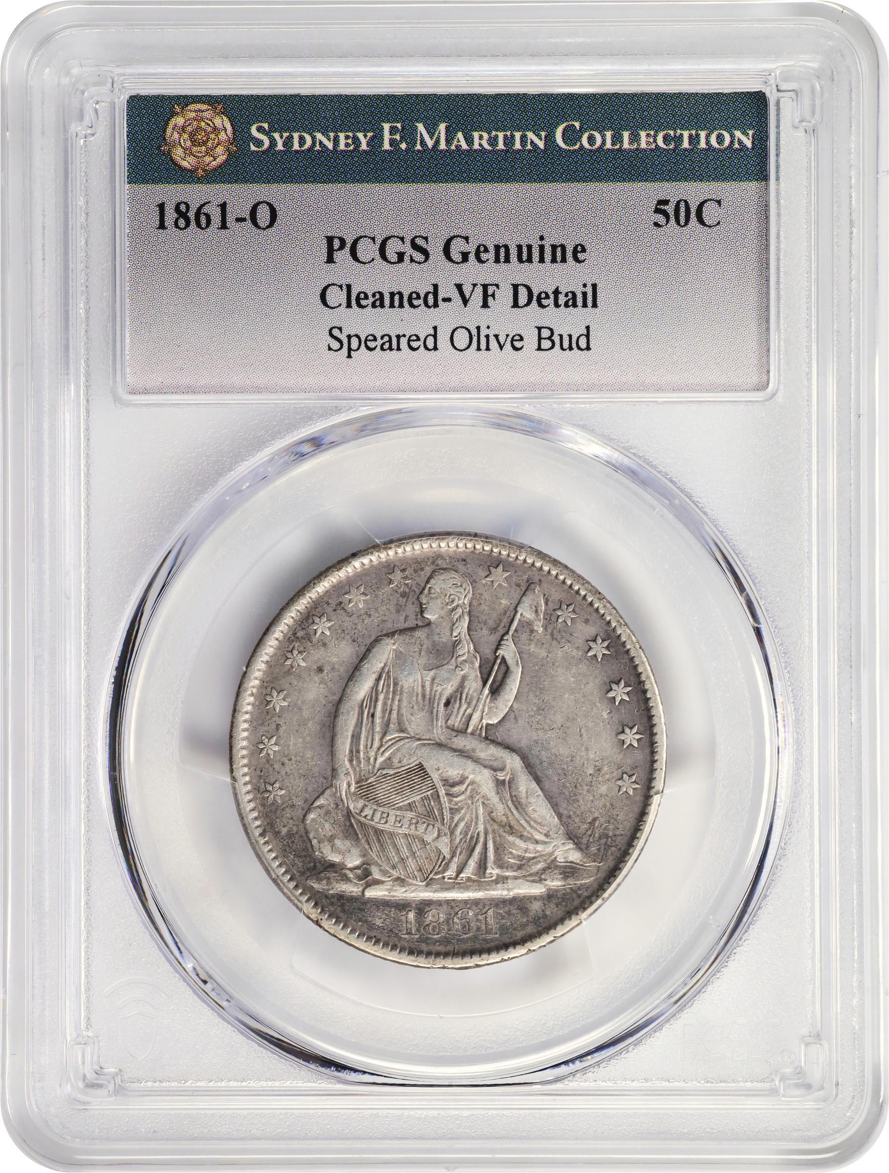 image for: 1861-O Liberty Seated Half Dollar. Confederate States Issue. W-14. Rarity-4. Die Crack Bisected Date, Speared Olive Bud. VF Details--Cleaned (PCGS).