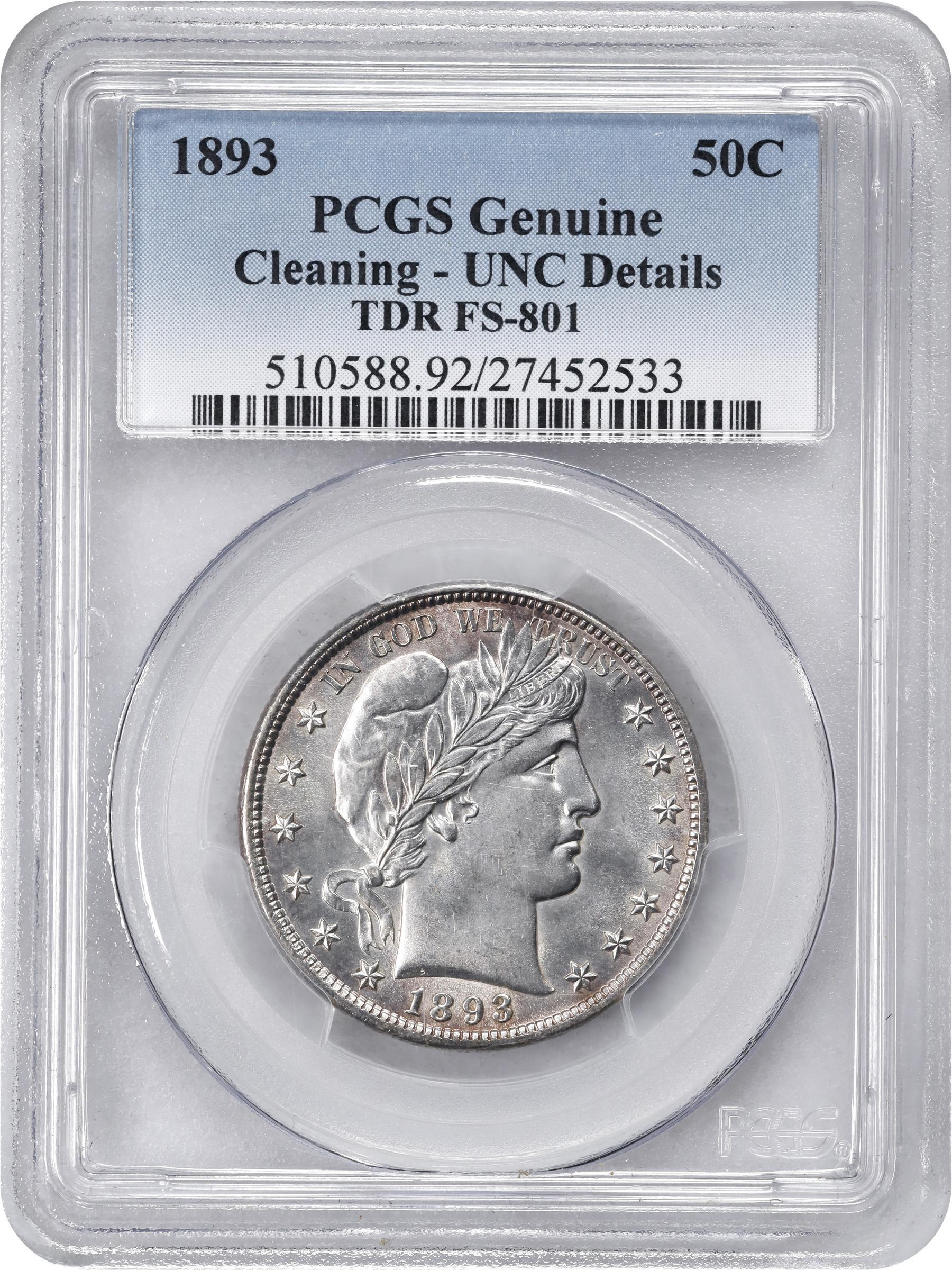 image for: 1893 Barber Half Dollar. FS-801. Tripled Die Reverse. Unc Details--Cleaning (PCGS).