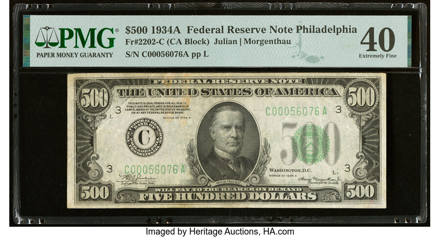 image for: Fr. 2202-C $500 1934A Federal Reserve Note. PMG Extremely Fine 40....