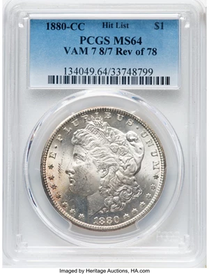 image for: 1880-CC $1 8 over 7, Reverse of 1878, VAM-7, MS64 PCGS. A Hit List 40 Variety....