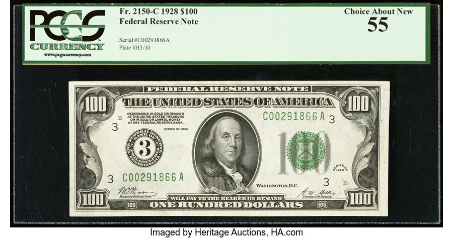 image for: Fr. 2150-C $100 1928 Federal Reserve Note. PCGS Choice About New 55....