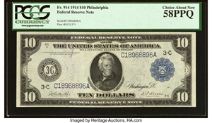 image for: Fr. 914 $10 1914 Federal Reserve Note PCGS Choice About New 58PPQ....