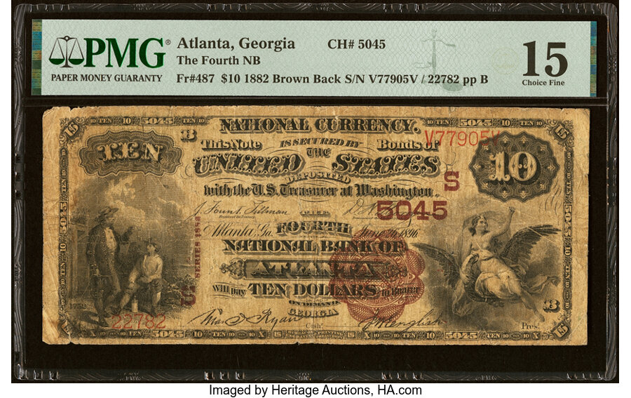 image for: Atlanta, GA - $10 1882 Brown Back Fr. 487 The Fourth National Bank Ch. # (S)5045 PMG Choice Fine 15....