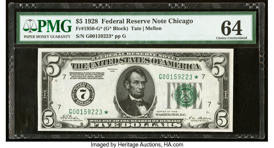 image for: Fr. 1950-G* $5 1928 Federal Reserve Star Note. PMG Choice Uncirculated 64....
