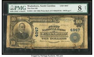 image for: Wadesboro, NC - $10 1902 Plain Back Fr. 631 The First National Bank Ch. # 4947 PMG Very Good 8 Net....