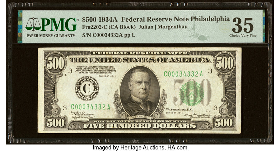 image for: Fr. 2202-C $500 1934A Federal Reserve Note. PMG Choice Very Fine 35....