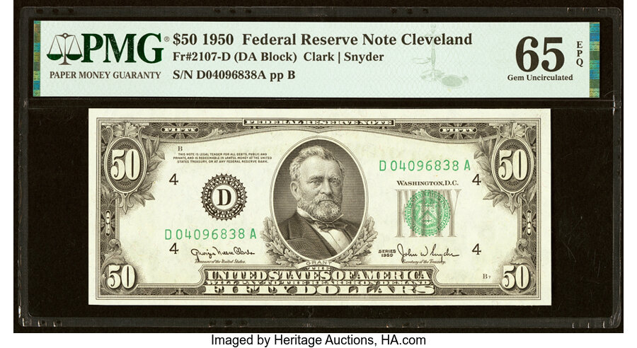image for: Fr. 2107-D $50 1950 Federal Reserve Note. PMG Gem Uncirculated 65 EPQ....