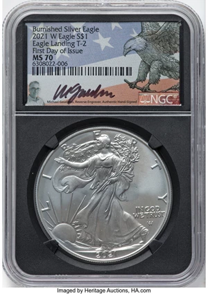 image for: 2021-W $1 Silver Eagle, Type Two, First Day of Issue, Burnished MS70 NGC. Michael Gaudioso, Reverse Engraver, Authentic Han...