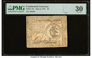 image for: Continental Currency May 9, 1776 $3 PMG Very Fine 30....