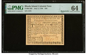 image for: Rhode Island July 2, 1780 $20 Remainder PMG Choice Uncirculated 64....