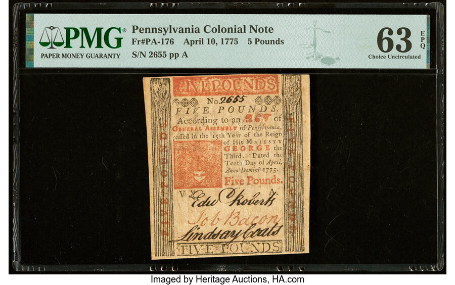 image for: Pennsylvania April 10, 1775 £5 PMG Choice Uncirculated 63 EPQ....