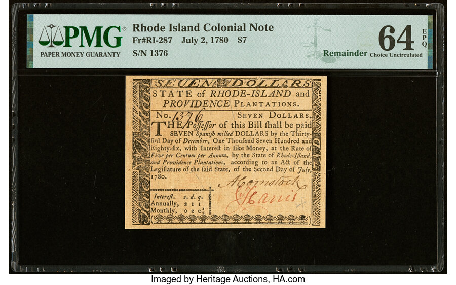 image for: Rhode Island July 2, 1780 $7 Remainder PMG Choice Uncirculated 64 EPQ....