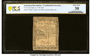 image for: Continental Currency February 17, 1776 $2/3 PCGS Banknote Very Fine 30....