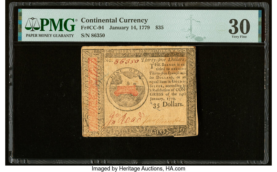 image for: Continental Currency January 14, 1779 $35 PMG Very Fine 30....