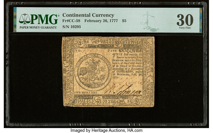 image for: Continental Currency February 26, 1777 $5 PMG Very Fine 30....
