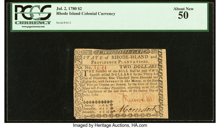 image for: Rhode Island July 2, 1780 $2 PCGS About New 50....