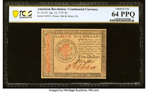 image for: Continental Currency January 14, 1779 $5 PCGS Banknote Choice Unc 64 PPQ....