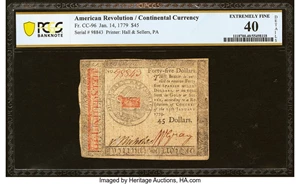 image for: Continental Currency January 14, 1779 $45 PCGS Banknote Extremely Fine 40 Details....