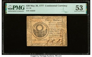 image for: Continental Currency May 20, 1777 $30 PMG About Uncirculated 53....
