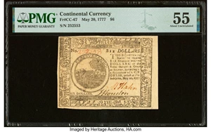 image for: Continental Currency May 20, 1777 $6 PMG About Uncirculated 55....