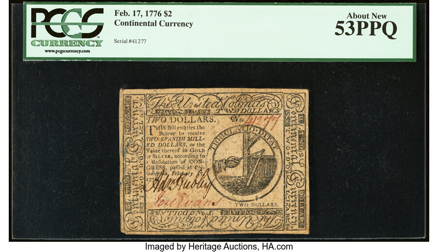 image for: Continental Currency February 17, 1776 $2 PCGS About New 53PPQ....