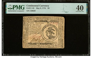 image for: Continental Currency May 9, 1776 $3 PMG Extremely Fine 40....