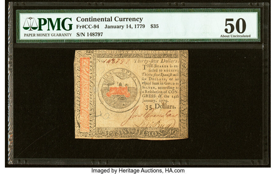 image for: Continental Currency January 14, 1779 $35 PMG About Uncirculated 50....