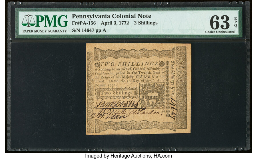 image for: Pennsylvania April 3, 1772 2s PMG Choice Uncirculated 63 EPQ....