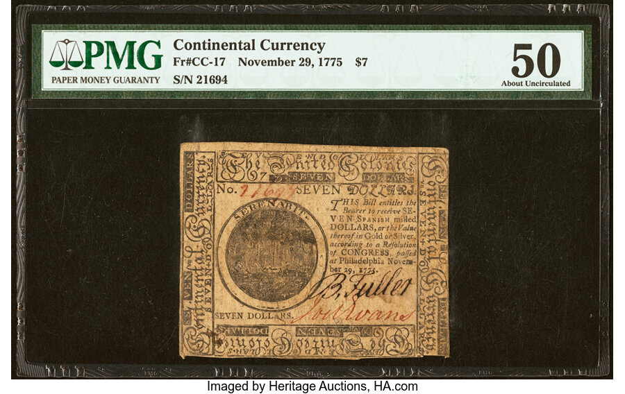 image for: Continental Currency November 29, 1775 $7 PMG About Uncirculated 50....