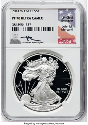 image for: 2014-W $1 Silver Eagle PR70 Ultra Cameo NGC. Authentic Hand-Signed, John M. Mercanti. NGC Census: (12554). PCGS Population:...