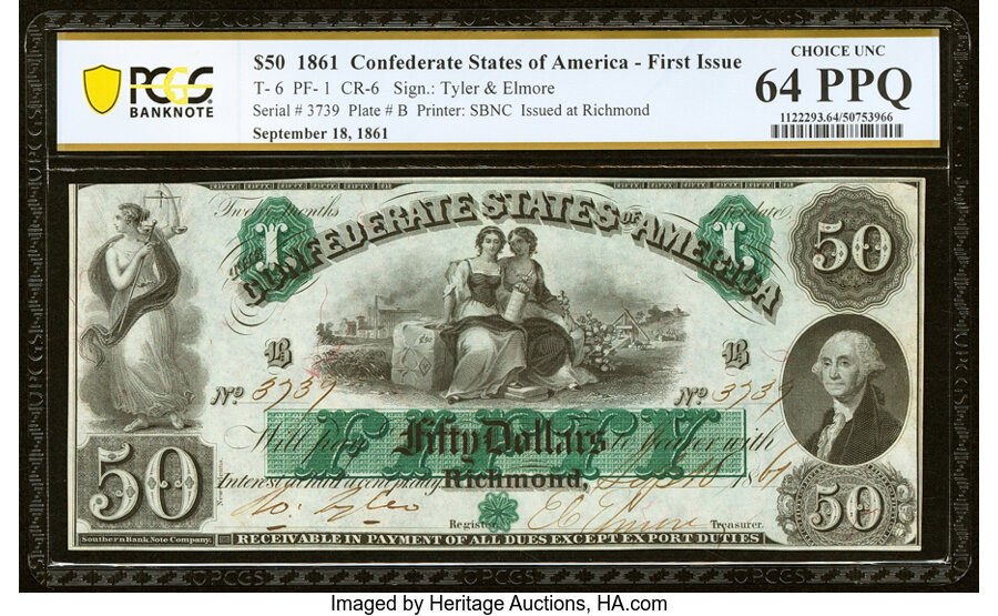 image for: T6 $50 1861 PF-1 Cr. 6 PCGS Banknote Choice Unc 64 PPQ....