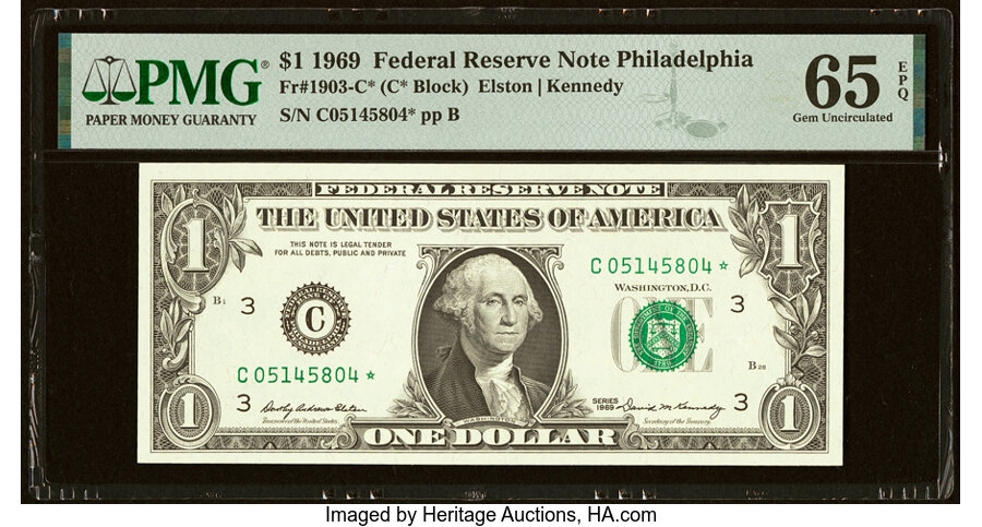 image for: Fr. 1903-C* $1 1969 Federal Reserve Star Note. PMG Gem Uncirculated 65 EPQ....
