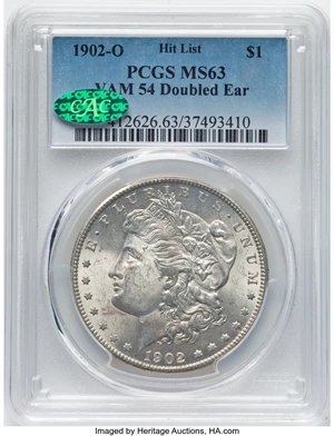 image for: 1902-O $1 Doubled Ear, VAM-54, MS63 PCGS. CAC. A Hit List 40 Variety. CAC Population: (1/1)....