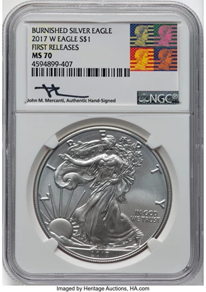 image for: 2017-(W) $1 Silver Eagle, Struck at West Point, First Releases, Minuteman MS70 NGC. Authentic Hand-Signed by John M. Mercan...