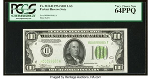 image for: Fr. 2152-H $100 1934 Light Green Seal Federal Reserve Note. PCGS Very Choice New 64PPQ....