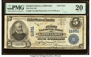 image for: Garden Grove, CA - $5 1902 Plain Back Fr. 606 The First National Bank Ch. # 11251 PMG Very Fine 20....