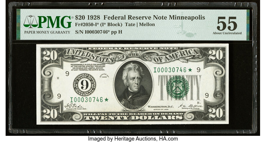 image for: Fr. 2050-I* $20 1928 Federal Reserve Star Note. PMG About Uncirculated 55....