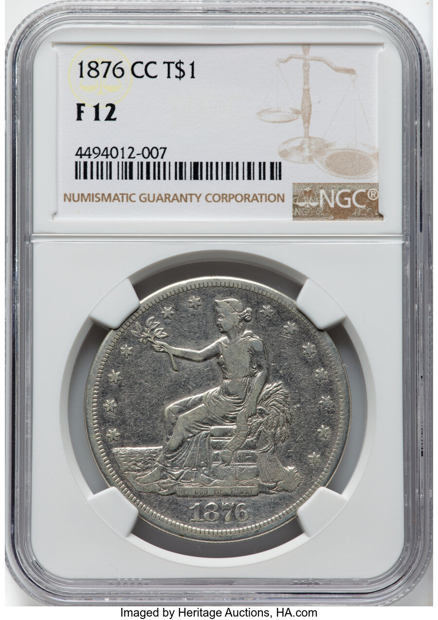 image for: 1876-CC T$1 Type One Obverse, Type Two Reverse, Fine 12 NGC. V10. NGC Census: (3/170).  Mintage 509,000....