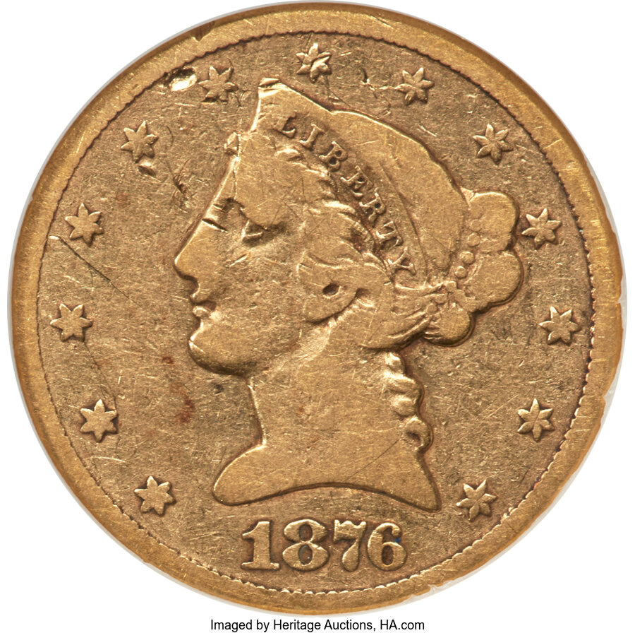 image for: 1876-CC $5 Good 4 NGC. Winter 1-A. Housed in a Generation 5 fatty holder. This is a smoothly worn Good 4 example, with pale...