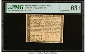 image for: Rhode Island July 2, 1780 $8 Remainder PMG Choice Uncirculated 63 EPQ....
