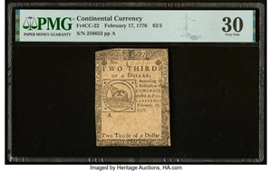 image for: Continental Currency February 17, 1776 $2/3 PMG Very Fine 30....